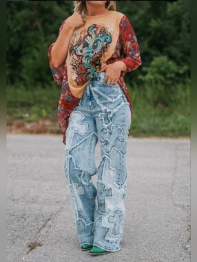 Aphrodite Ripped Revival Light Blue Cross Patchwork Jeans